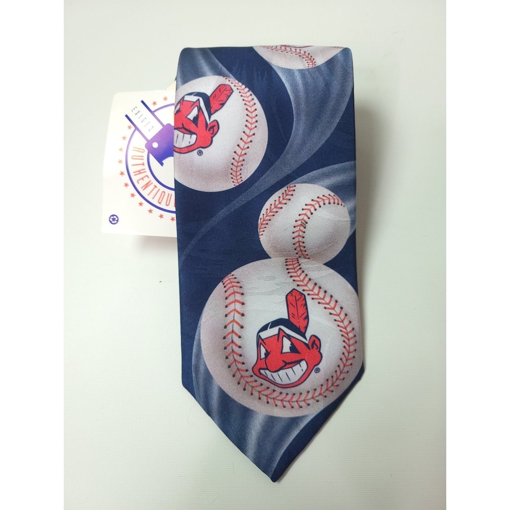 Vtg NWT Ralph Marlin Men's Cleveland Indians‎ Chief Wahoo Blue Baseball Tie